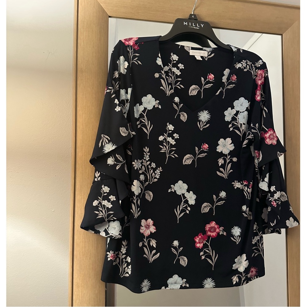 Charter Club Navy Blouse with Flowers